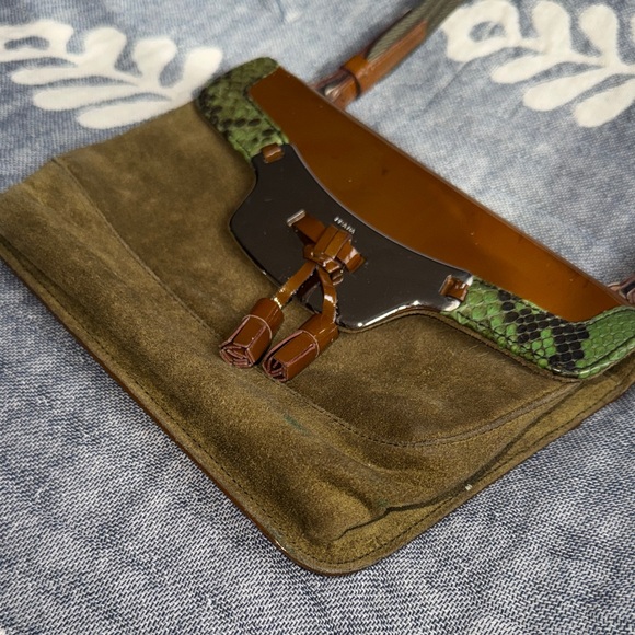 Olive Green Suede Prada Python Shoulder Bag - Picture 3 of 12